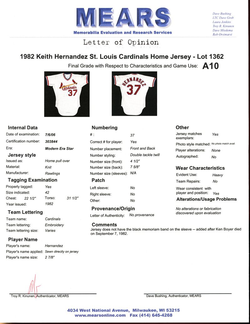 Lot Detail - 1982 Keith Hernandez St. Louis Cardinals Game-Worn Jersey