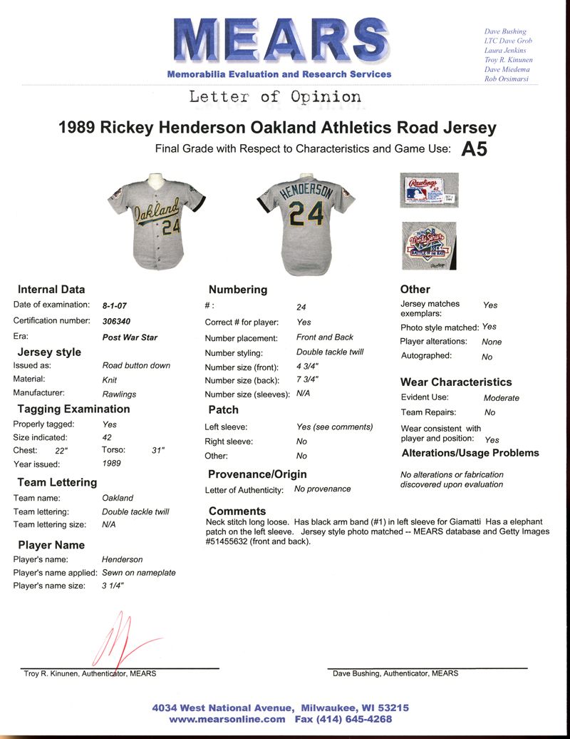 RICKEY HENDERSON 1989 WORLD SERIES OAKLAND A's RAWLINGS AUTHENTIC  JERSEY 44