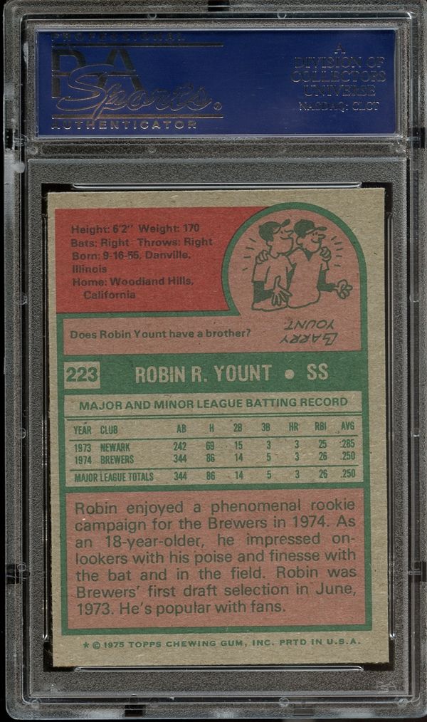 1975 Topps Robin Yount Rookie #223 PSA Gem Mint 10. Baseball