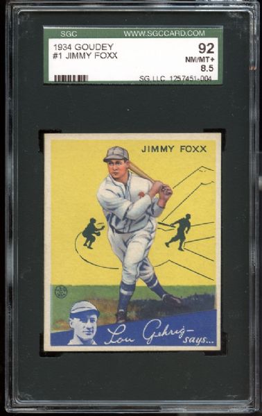 1934 Goudey #1 Jimmy Foxx SGC 92 NM/MT+ 8.5