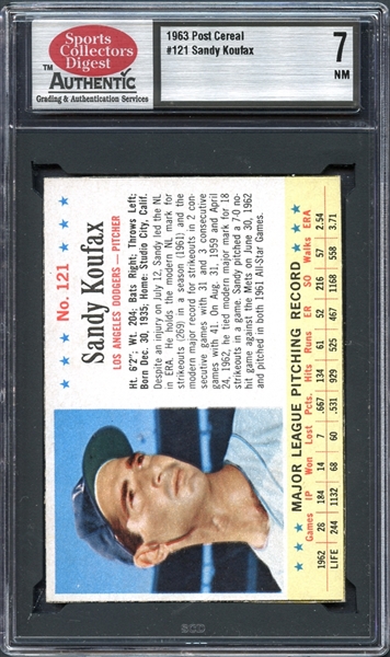 1963 Post Cereal #121 Sandy Koufax SCD 7 NM