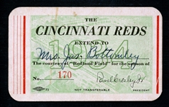 1934 Cincinnati Reds Season Pass Extended to Mrs. James Bottomley Signed by Jim Bottomley