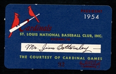 1954 St. Louis Cardinals Season Pass Extended to and Signed by Mr. Jim Bottomley
