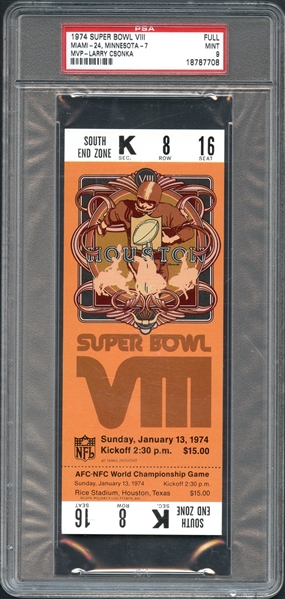 1974 Super Bowl VIII Full Ticket PSA 9 MINT