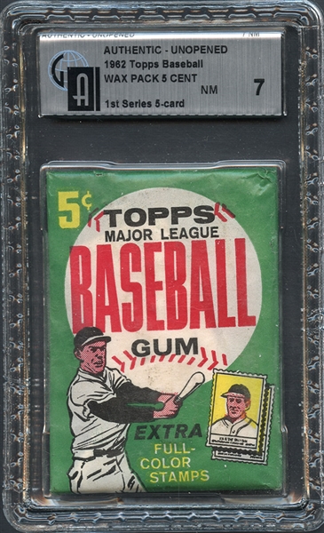 1962 Topps Baseball First Series Wax Pack 5 Cent GAI 7 NM