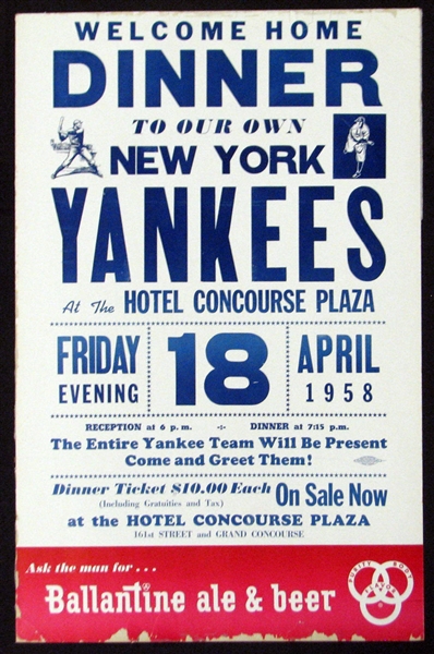1958 New York Yankees Welcome Home Dinner Broadside