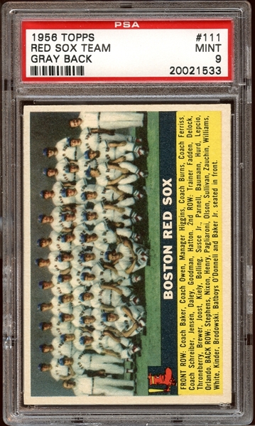 1956 Topps #111 Red Sox Team Gray Back PSA 9 MINT