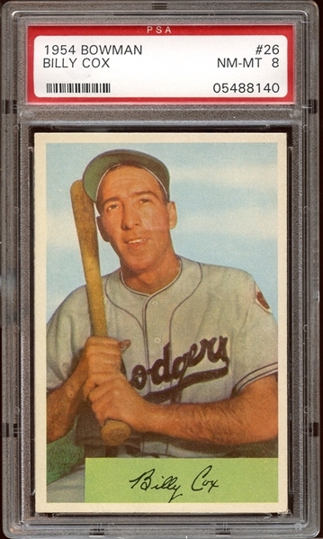 1954 Bowman #26 Billy Cox 1.000/.960 Field Avg. PSA 8 NM/MT