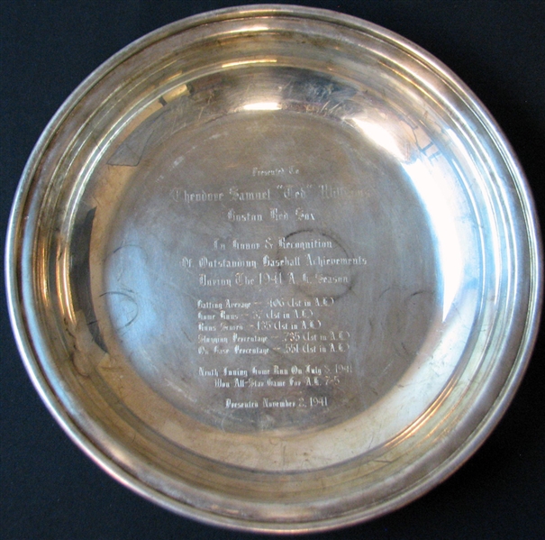 1941 Engraved Silver Platter Achievement Award Presented to Ted Williams 