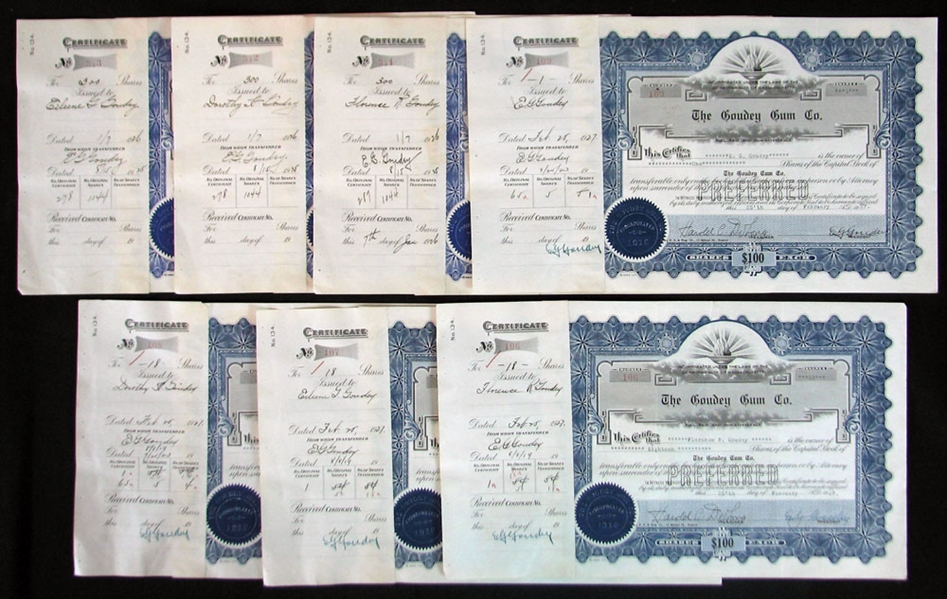 1920s Goudey Gum Company Stock Certificate Group of (7) All Signed by E.G. Goudey and Harold DeLong