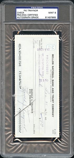 Pie Traynor Signed Check PSA/DNA 9 MINT