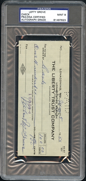Lefty Grove Double-Signed Check to Cash PSA/DNA 9 MINT