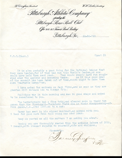 Outstanding Barney Dreyfuss Signed Letter Addressed to HOFer Fred Clarke with Terrific Content
