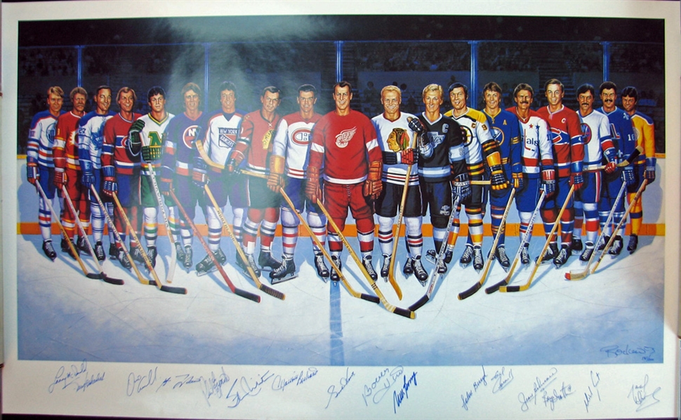 Ron Lewis 500 Goal Scorers Lithograph With (16) Signatures Featuring Howe, Hull, Mikita, Richard, Beliveau, Etc.