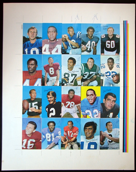 1970 Topps Super Football Uncut Sheet with (20) Cards Featuring Starr, Unitas, Sayers, Etc. 