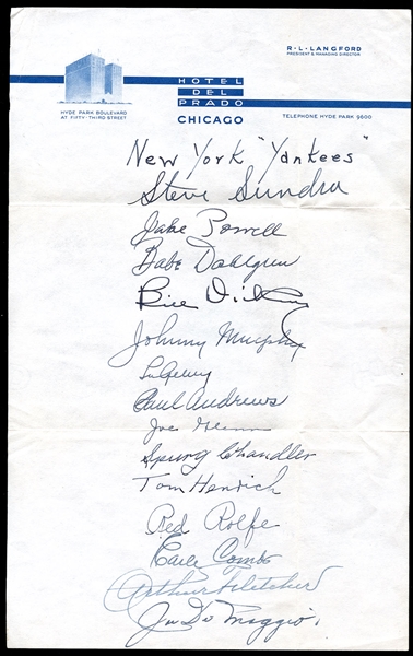 1938 New York Yankees Team Signed Hotel Stationery with Gehrig, DiMaggio, Dickey, Combs, Etc (14) Total Signatures