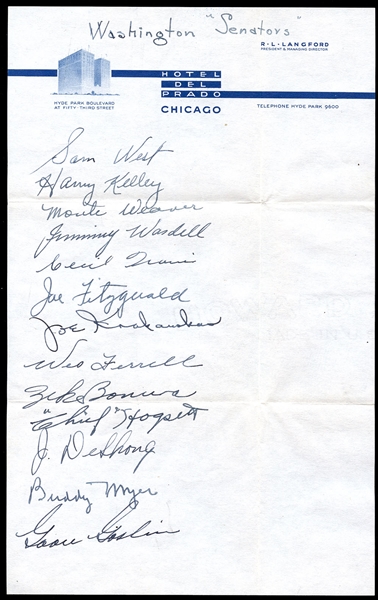 1938 Washington Senators Team Signed Hotel Stationery with Goslin (13) Total Signatures