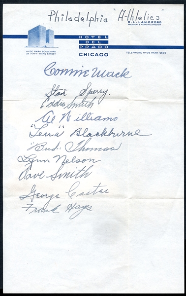 1938 Philadelphia Athletics Team Signed Hotel Stationery with Connie Mack (10) Total Signatures