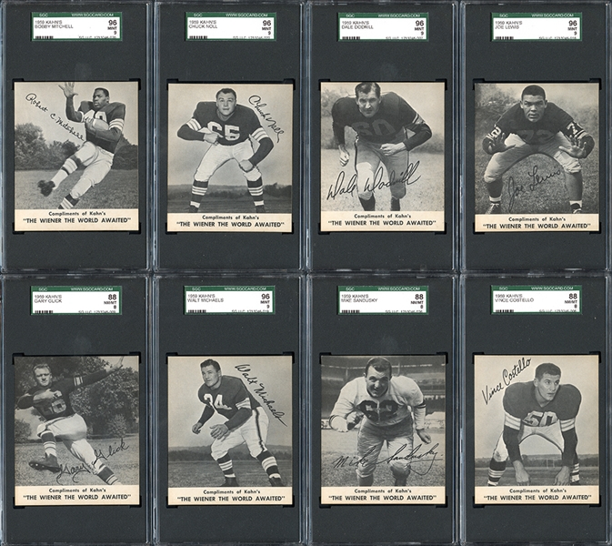 1959 Kahns Football Group of (8) Including All Five Graded SGC 96 and Three SGC 88