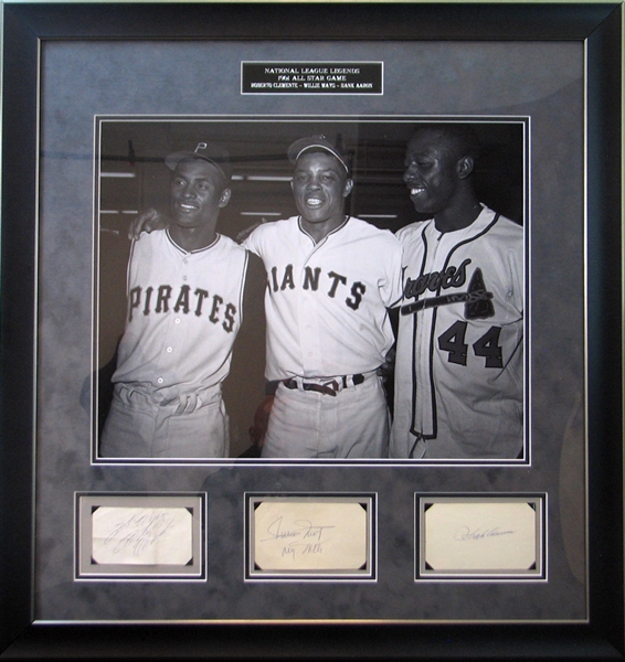Roberto Clemente, Willie Mays and Hank Aaron 3" X 5"/ Album Page Signatures with Photo in Framed Display