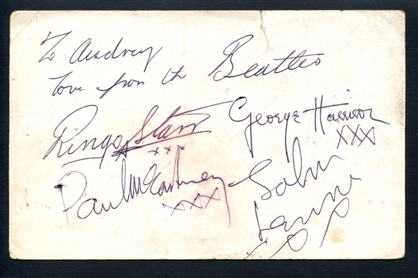 Fantastic 1963 The Beatles Signed Parlophone Records Promotional Postcard with All Four Members