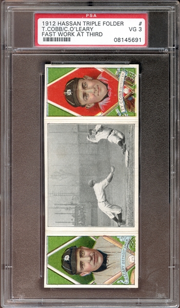 1912 T202 Hassan Triple Folder Cobb/OLeary Fast Work at Third PSA 3 VG