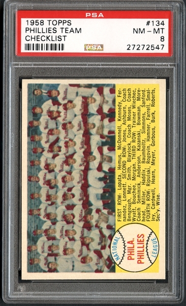 1958 Topps #134 Phillies Team Checklist PSA 8 NM/MT