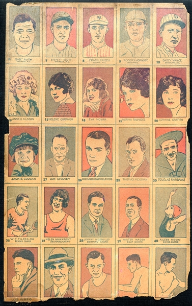 1926 W512 Uncut Sheet Featuring Babe Ruth, Rogers Hornsby, Tilden and Hagen