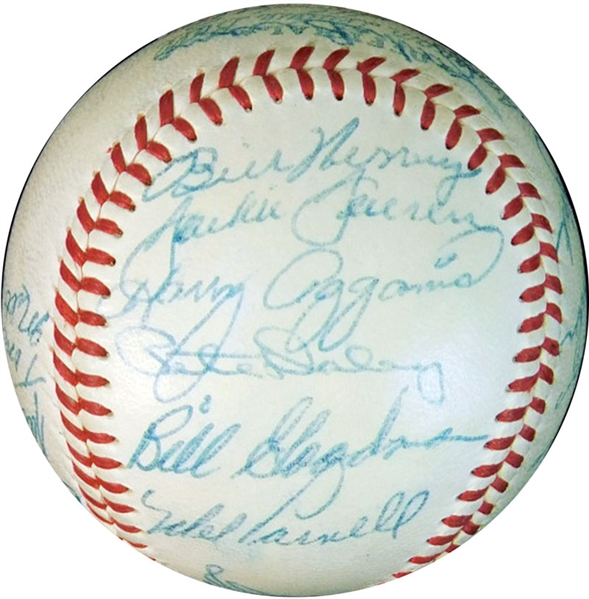 1955 Boston Red Sox Team-Signed OAL (Harridge) Ball with (22) Signatures Featuring Harry Agganis