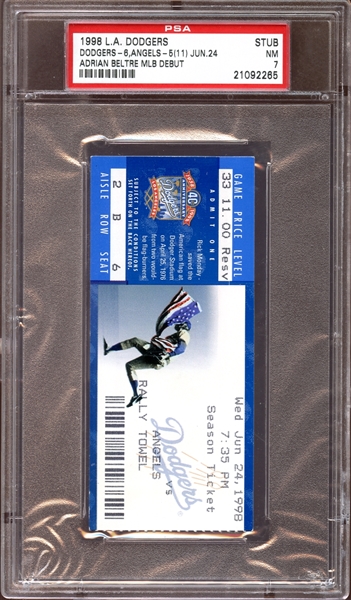 1998 Los Angeles Dodgers Ticket Stub Adrian Beltre MLB Debut PSA NM 7