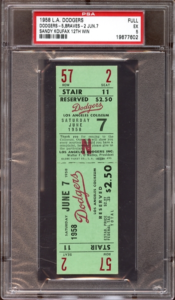 1958 Los Angeles Dodgers Full Ticket Sandy Koufax 12th Win PSA 5 EX