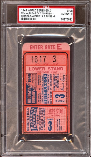 1949 World Series Game 3 Ticket Stub Campanella/Reese Home Runs PSA AUTHENTIC