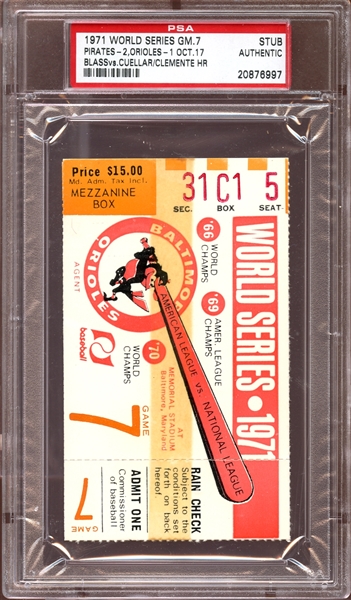 1971 World Series Game 7 Ticket Stub Clemente Home Run PSA AUTHENTIC