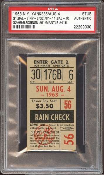 1963 New York Yankees Ticket Stub Mickey Mantle Home Run #416 PSA AUTHENTIC