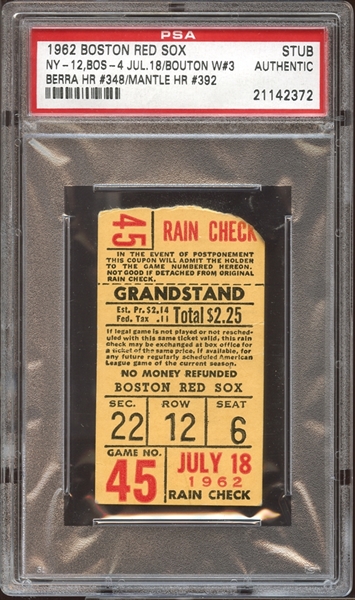 1962 Boston Red Sox Ticket Stub Berra (348) and Mantle (392) Home Runs PSA AUTHENTIC