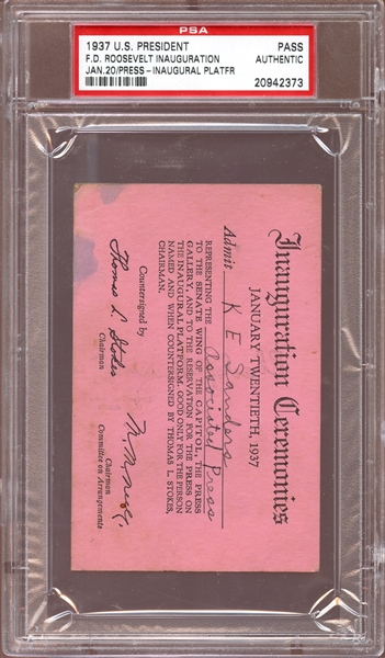 1937 Franklin D. Roosevelt U.S. Presidential Inauguration Full Pass PSA AUTHENTIC