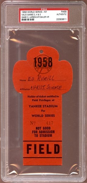 1958 World Series New York Press Pass PSA AUTHENTIC