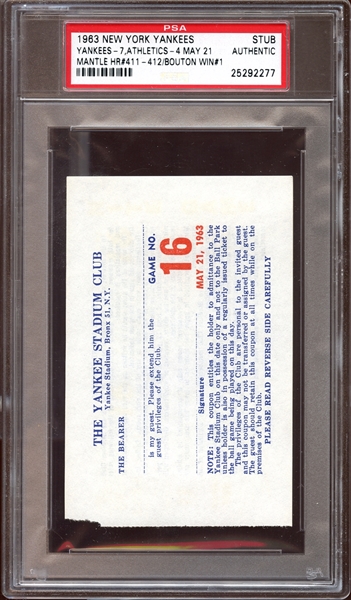 1963 New York Yankees May 21 Ticket Stub Mantle Home Run #411 PSA AUTHENTIC