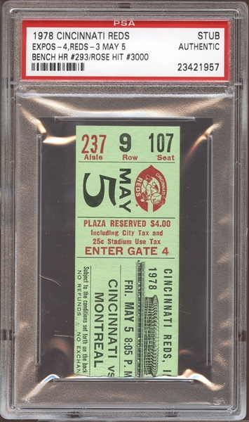 1978 Cincinnati Reds Ticket Stub Pete Rose 3000th Hit PSA AUTHENTIC