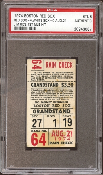 1974 Boston Red Sox Ticket Stub Jim Rice First MLB Hit PSA AUTHENTIC