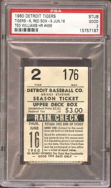 1960 Detroit Tigers Ticket Stub Ted Williams Home Run #499 PSA 2 GOOD