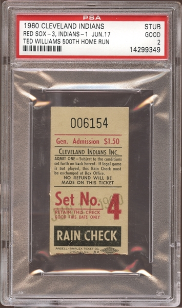 1960 Cleveland Indians Ticket Stub Ted Williams 500th Home Run PSA 2 GOOD