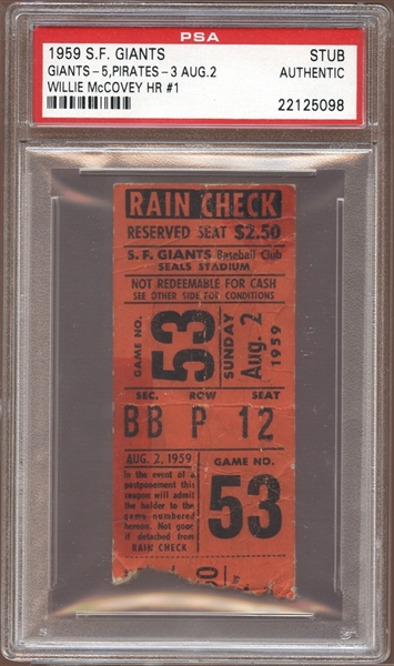 1959 San Francisco Giants Ticket Stub Willie McCovey First Home Run PSA AUTHENTIC