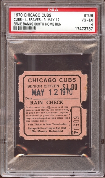 1970 Chicago Cubs Ticket Stub Ernie Banks 500th Home Run PSA AUTHENTIC