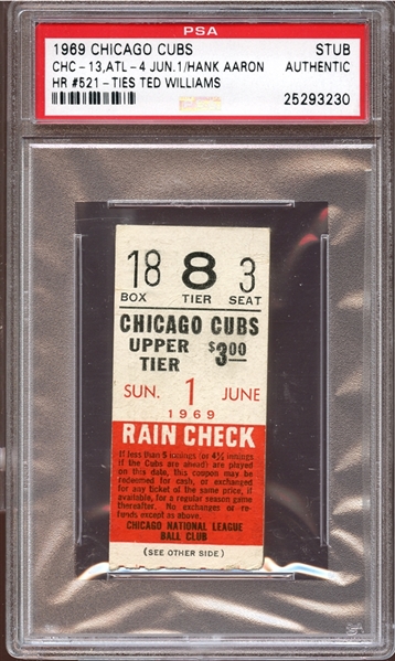1969 Chicago Cubs Ticket Stub Hank Aaron Home Run #521 Ties Ted Williams PSA AUTHENTIC