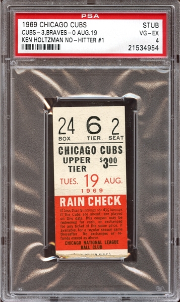 1969 Chicago Cubs Ticket Stub Ken Holtzman No-Hitter PSA 4 VG/EX