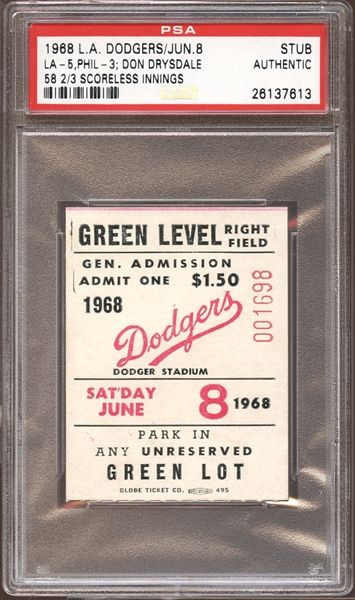 1968 Los Angeles Dodgers Ticket Stub Don Drysdale 58 2/3 Scoreless Innings PSA AUTHENTIC
