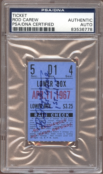 1967 Rod Carew Autographed Ticket Stub MLB Debut and 1st Hit PSA/DNA AUTHENTIC