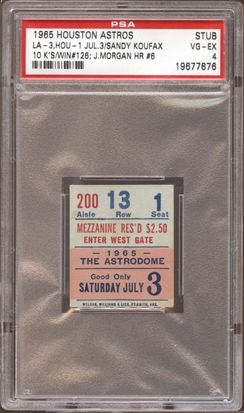 1965 Houston Astros Ticket Stub Sandy Koufax 10 Ks Joe Morgan Home Run #6 PSA AUTHENTIC