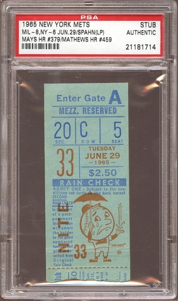 1965 New York Mets Ticket Stub Willie Mays (379) and Eddie Mathews (459) Home Runs PSA AUTHENTIC